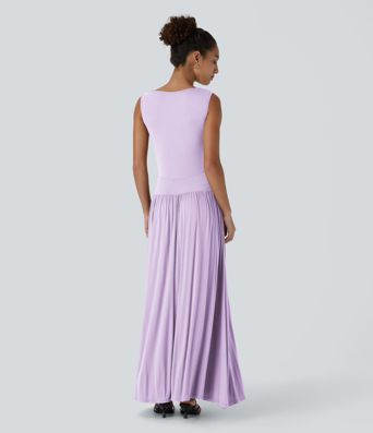 Robe Longue décontractée Asymétrique à Col Bateau Côtelé avec Fronces et Poche