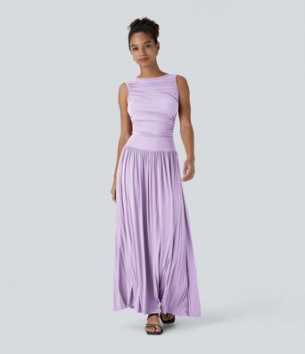 Robe Longue décontractée Asymétrique à Col Bateau Côtelé avec Fronces et Poche