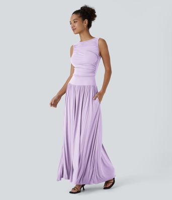 Robe Longue décontractée Asymétrique à Col Bateau Côtelé avec Fronces et Poche