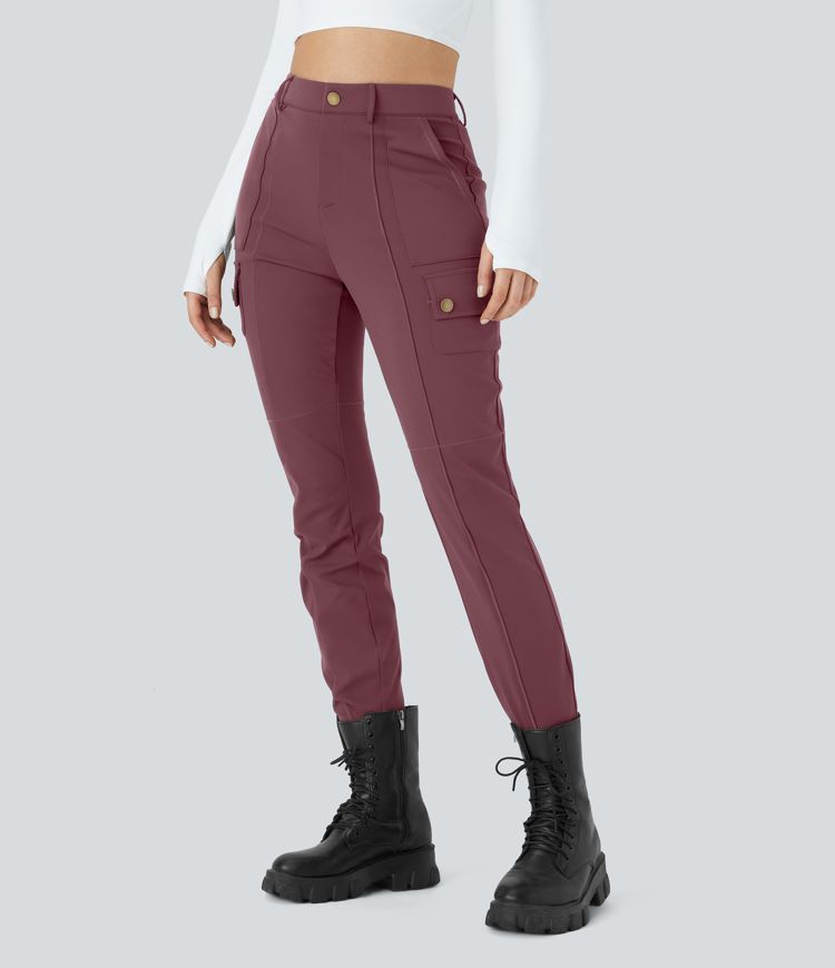 Pantalon Cargo Ajusté Taille Haute Boutonnés Fermeture Éclair Multiples Poches Uni