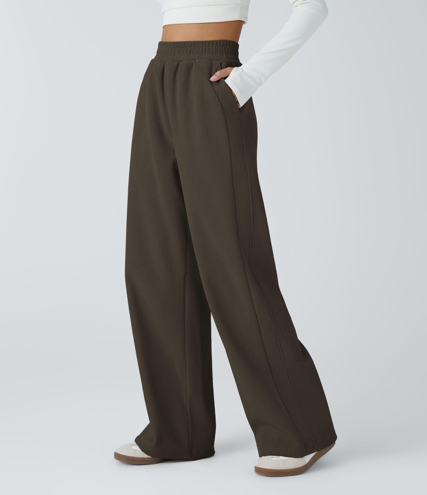 High Waisted Pocket Straight Leg Mop Corduroy Women Smart Casual Pants