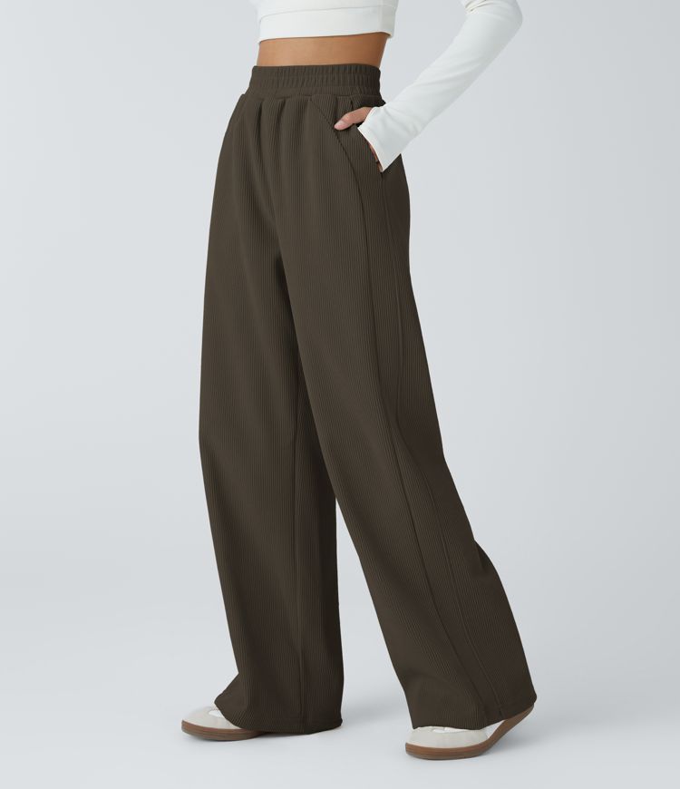 High Waisted Pocket Straight Leg Mop Corduroy Women Smart Casual Pants