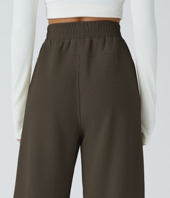 High Waisted Pocket Straight Leg Mop Corduroy Women Smart Casual Pants