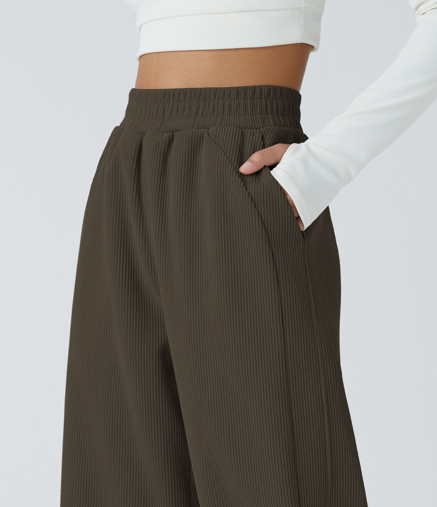 High Waisted Pocket Straight Leg Mop Corduroy Women Smart Casual Pants