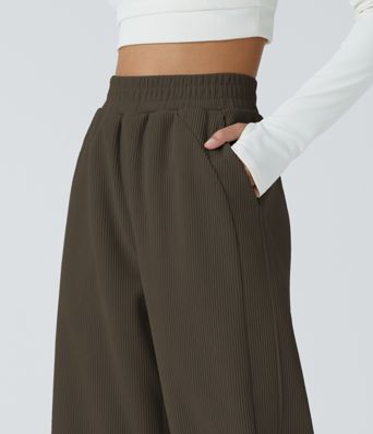 High Waisted Pocket Straight Leg Mop Corduroy Women Smart Casual Pants