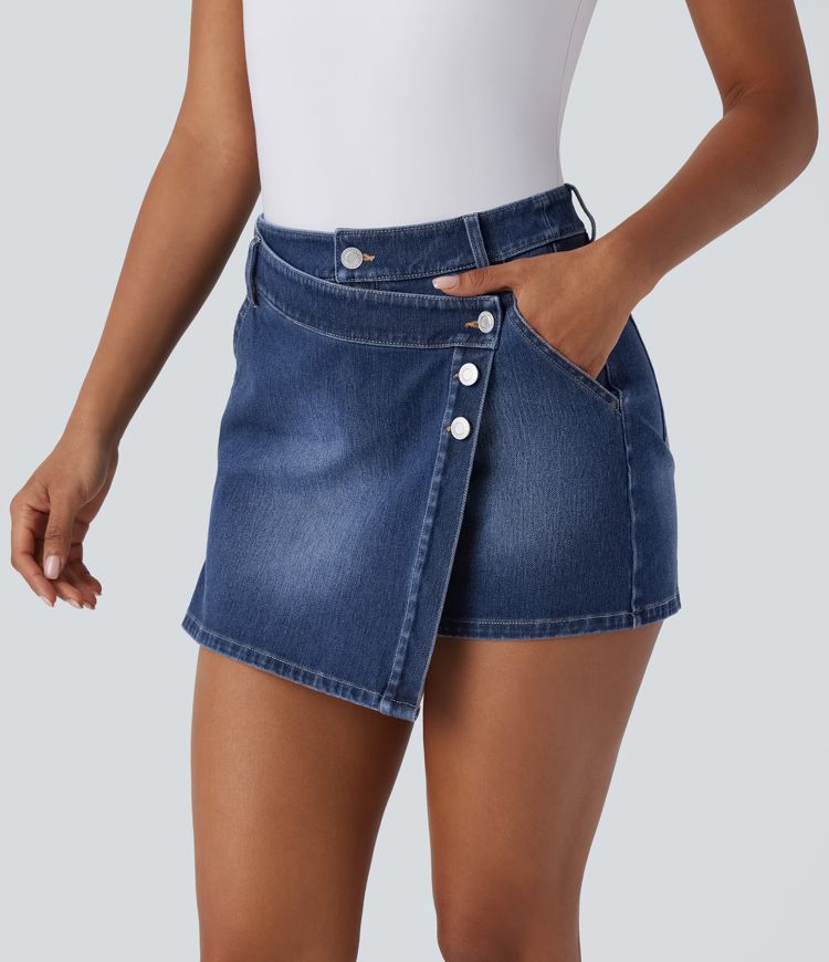 Halara Flex™ High Waisted Multiple Pockets Wrapped Washed Stretchy Knit Denim Casual Skort