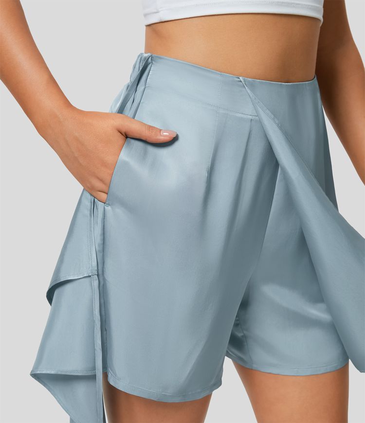 Women’s High Waisted Pocket Tie Side Wrapped SatinLike Casual Skorts