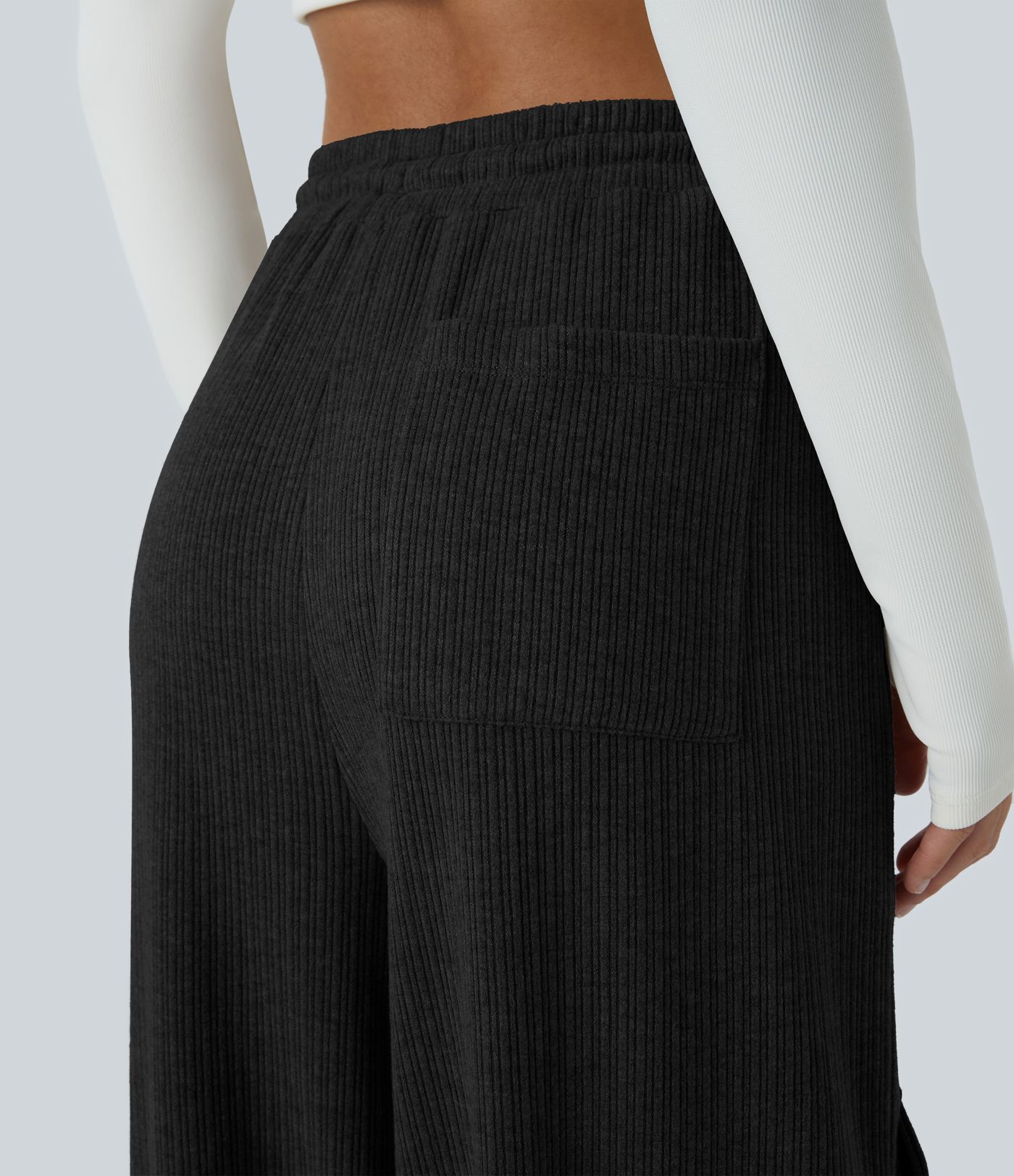 Ribbed Mid Rise Drawstring Pockets Wide Leg Cargo Casual Pants