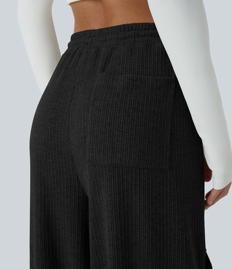 Ribbed Mid Rise Drawstring Pockets Wide Leg Cargo Casual Pants