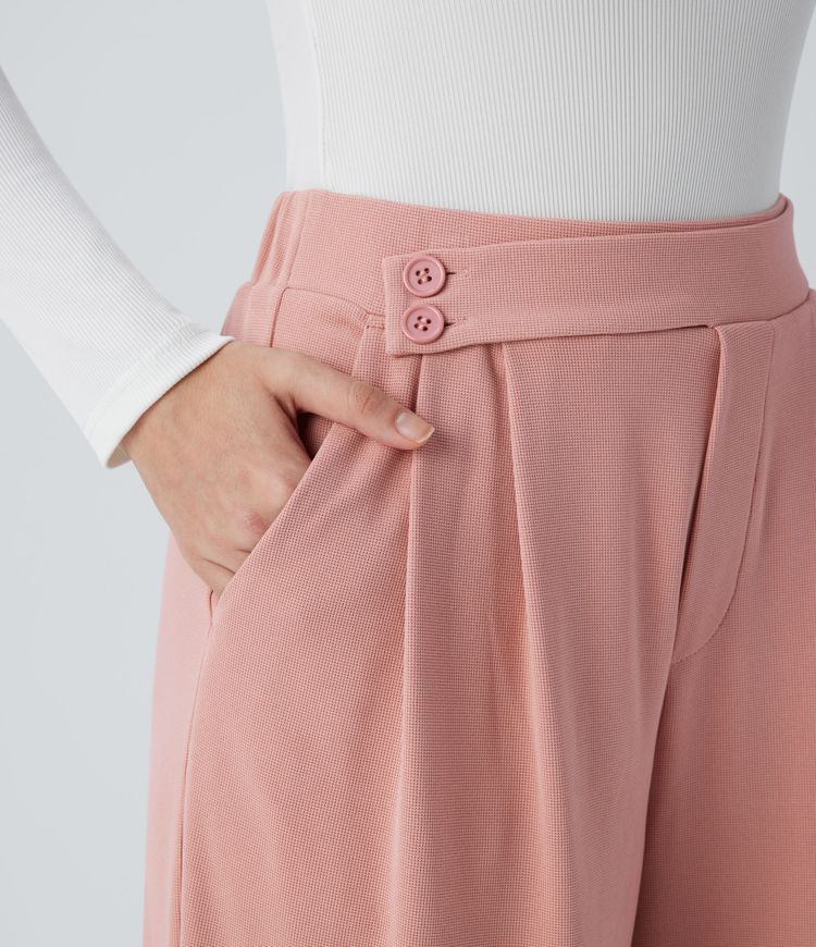 High Waisted Pocket Wide Leg Waffle Casual Pants