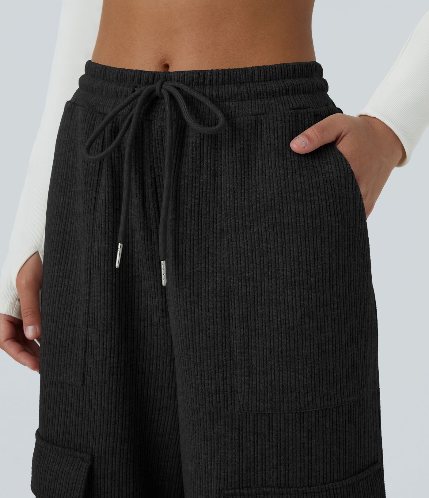 Ribbed Mid Rise Drawstring Pockets Wide Leg Cargo Casual Pants