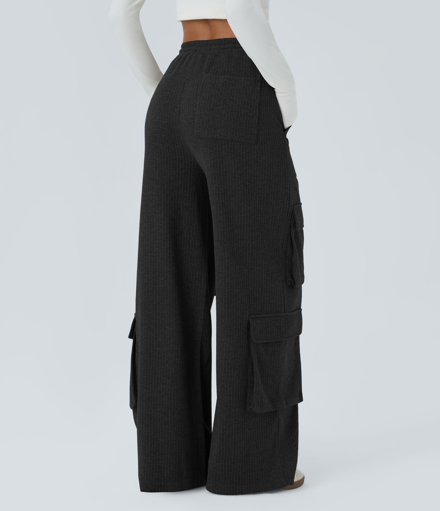 Ribbed Mid Rise Drawstring Pockets Wide Leg Cargo Casual Pants