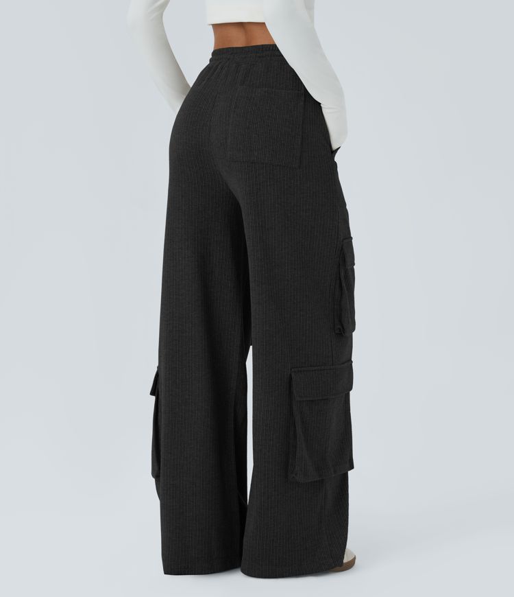 Ribbed Mid Rise Drawstring Pockets Wide Leg Cargo Casual Pants