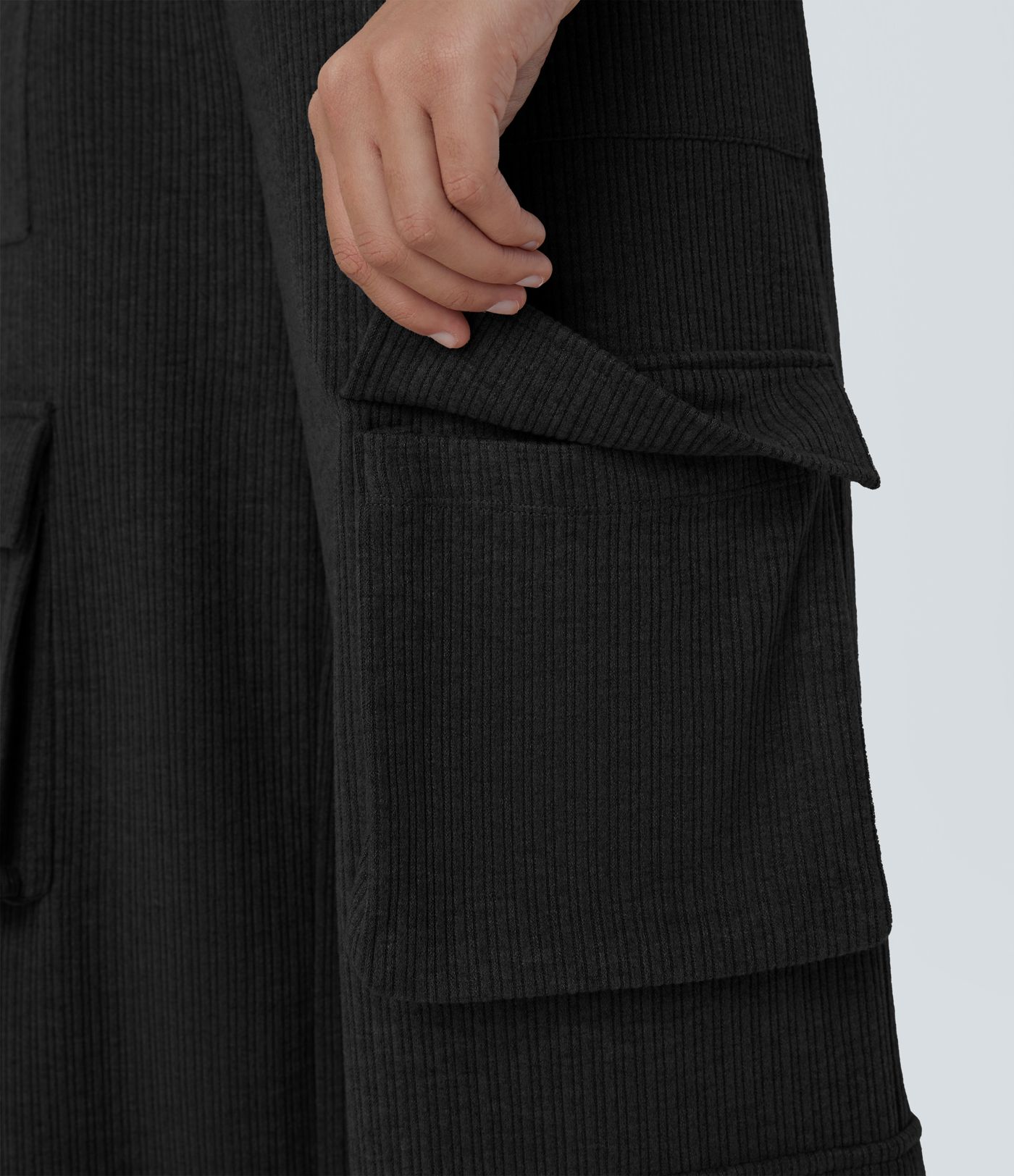 Ribbed Mid Rise Drawstring Pockets Wide Leg Cargo Casual Pants