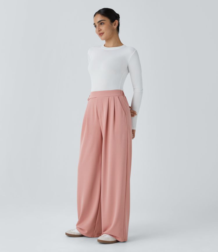 High Waisted Pocket Wide Leg Waffle Casual Pants