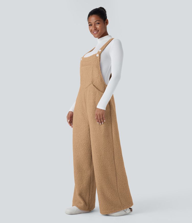 Adjustable Strap Button Multiple Pockets Casual Teddy Overalls