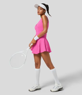 U Neck Half Zip Backless 2-in-1 Side Pocket Micro Mini Quick Dry Tennis Active Dress