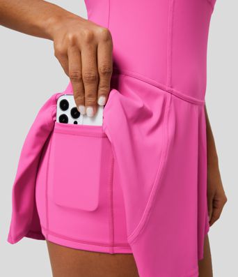 U Neck Half Zip Backless 2-in-1 Side Pocket Micro Mini Quick Dry Tennis Active Dress