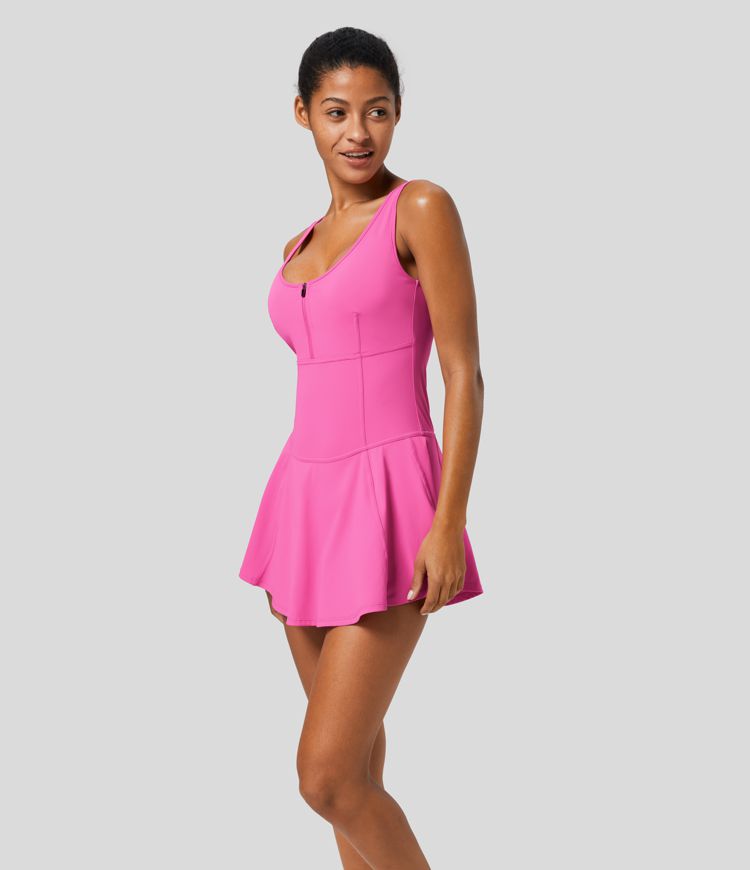 U Neck Half Zip Backless 2-in-1 Side Pocket Micro Mini Quick Dry Tennis Active Dress