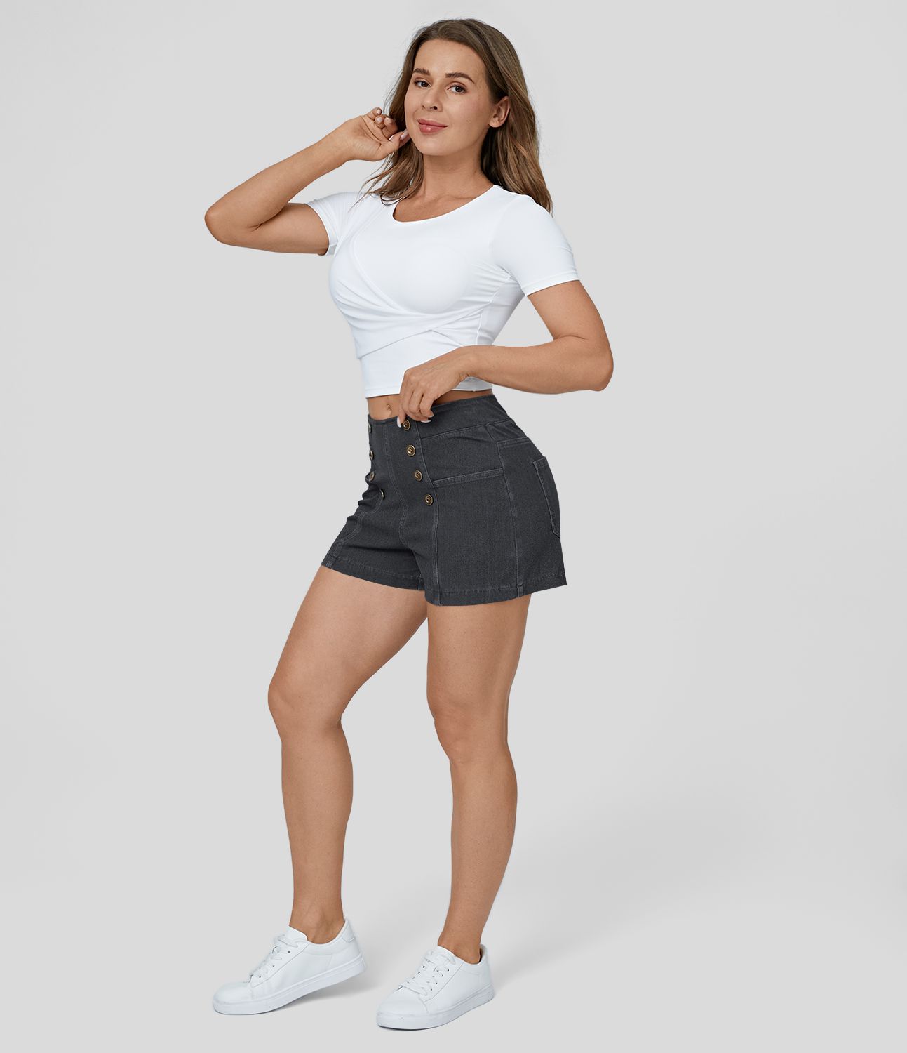 Halara Flex™ Short 2,5" en Denim Tricot Extensible Lavé Respirant à Taille Haute avec Boutons et Multiples Poches Toucher Frais