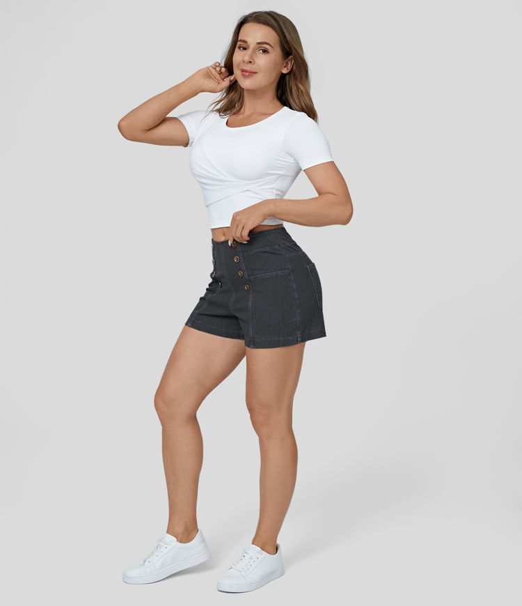 Halara Flex™ High Waisted Button Multiple Pockets Cool Touch Breathable Washed Stretchy Knit Denim Casual Shorts 2.5''