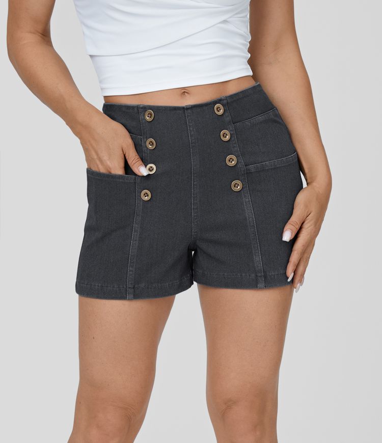 Halara Flex™ High Waist Button Multi-Pocket Cool Touch Breathable Washed Stretch Knit Denim Casual Shorts 2.5"