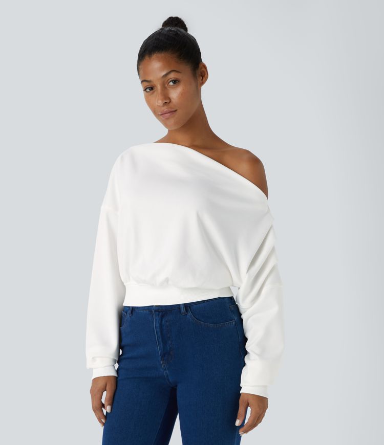 Oblique Shoulder Ruched Long Sleeve Relaxed Casual Sweatshirt