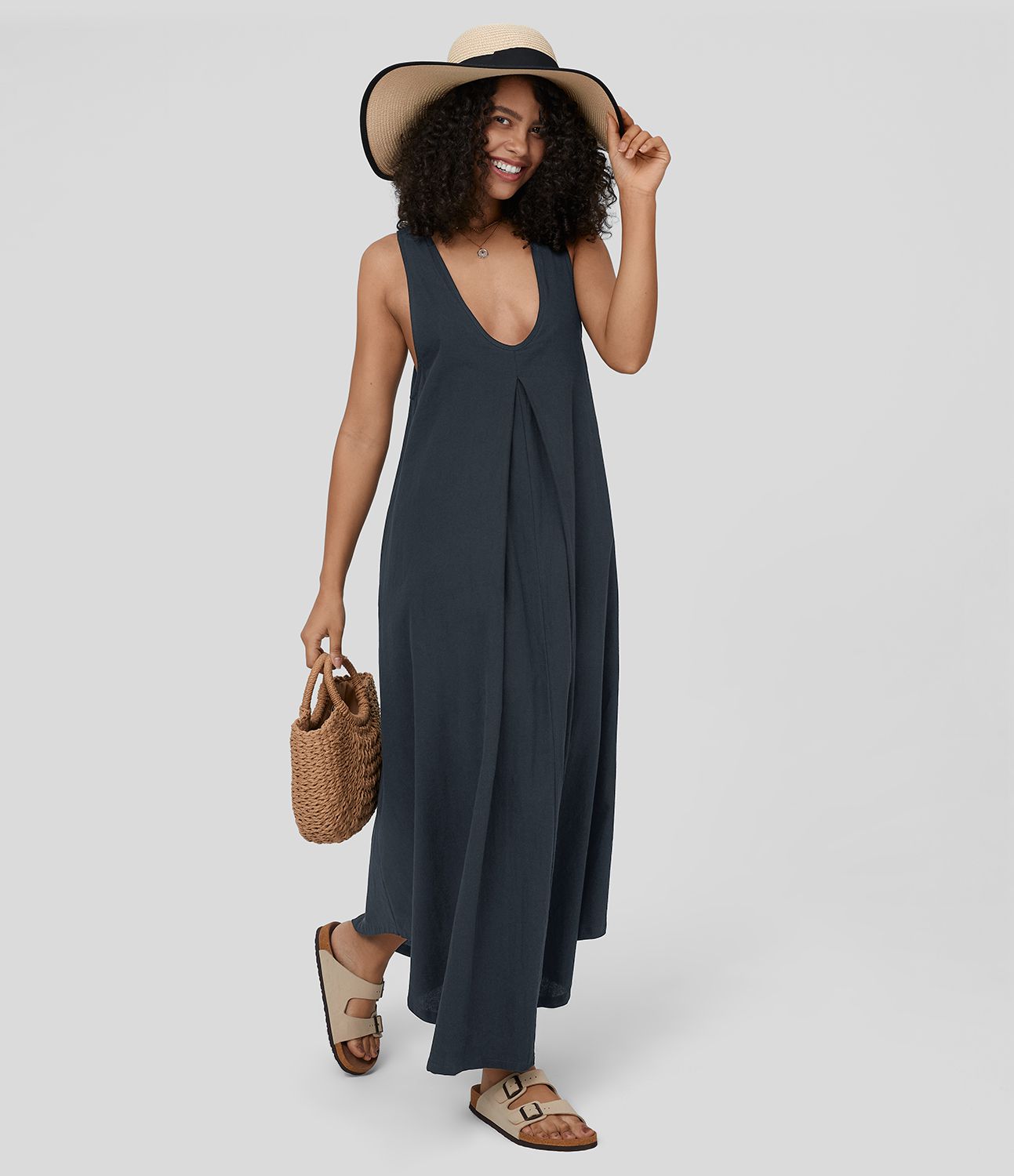 U-neck sleeveless pleated side pocket flowy maxi casual linen-feel dress