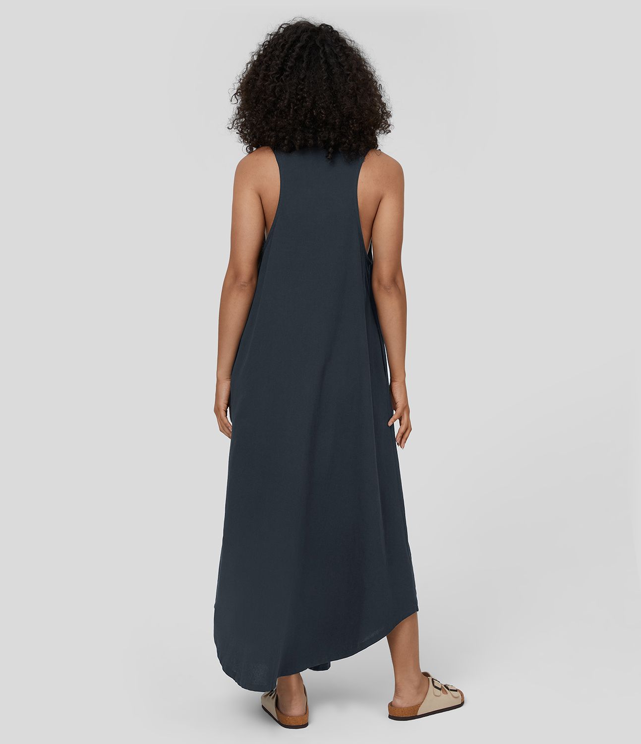 U-neck sleeveless pleated side pocket flowy maxi casual linen-feel dress