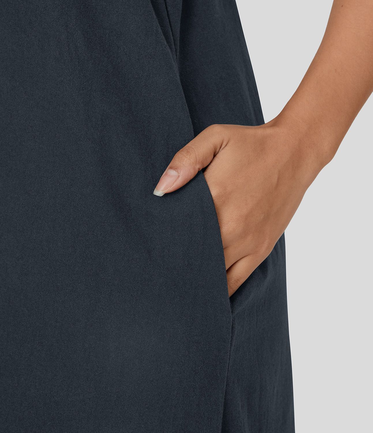 U-neck sleeveless pleated side pocket flowy maxi casual linen-feel dress