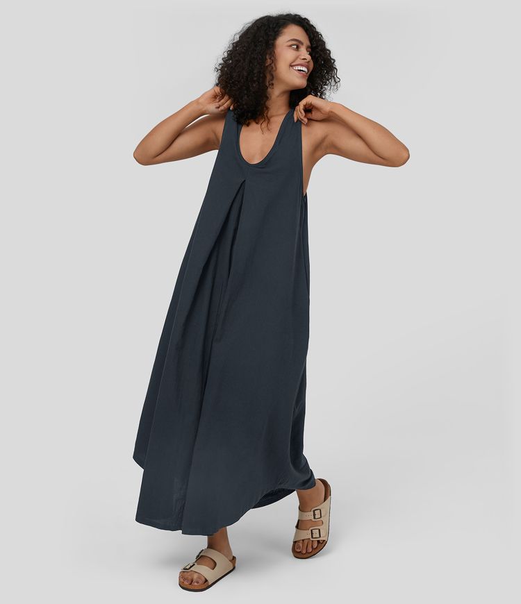 U-neck sleeveless pleated side pocket flowy maxi casual linen-feel dress