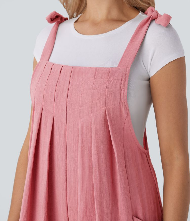 Adjustable Tie Pocket Flowy Casual Linen-Feel Jumpsuit