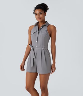 Water Repellent Sleeveless Belted Pocket Twill Casual Jumpsuit