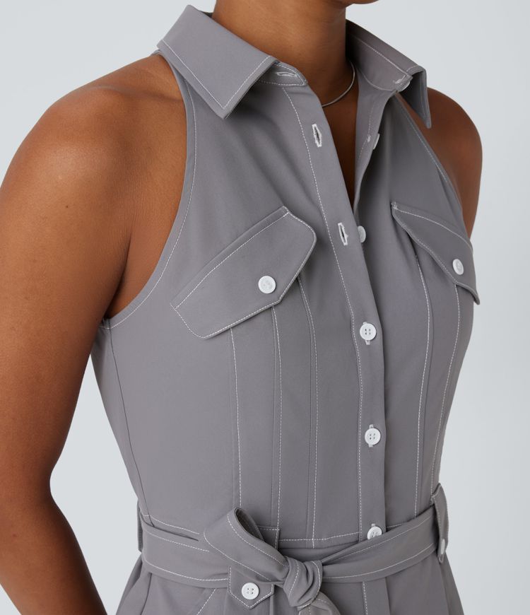 Water Repellent Sleeveless Belted Pocket Twill Casual Jumpsuit