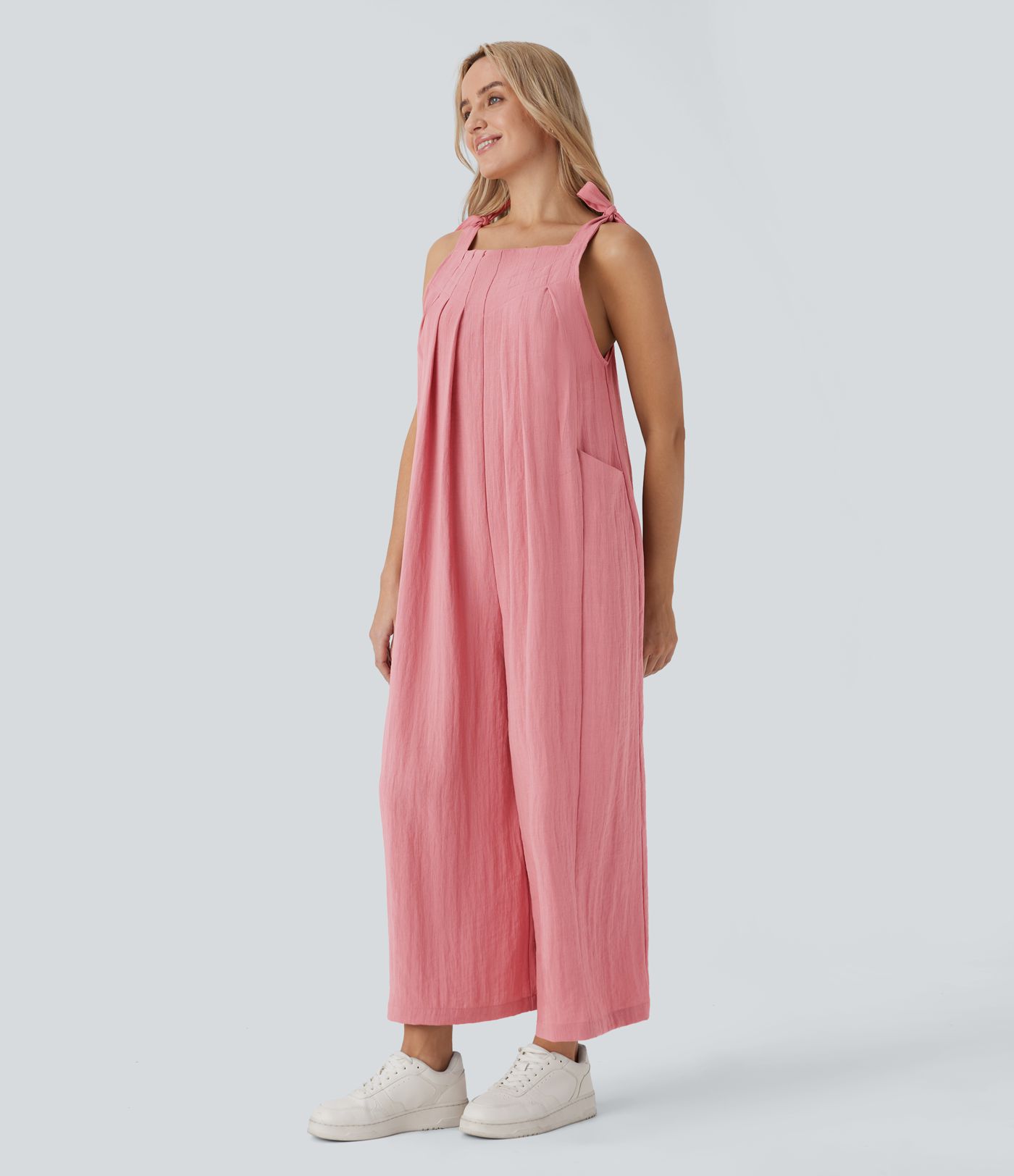 Adjustable Tie Pocket Flowy Casual Linen-Feel Jumpsuit