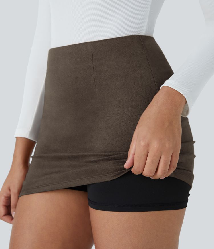 High Waisted 2-in-1 Bodycon Suede Mini Casual Skirt