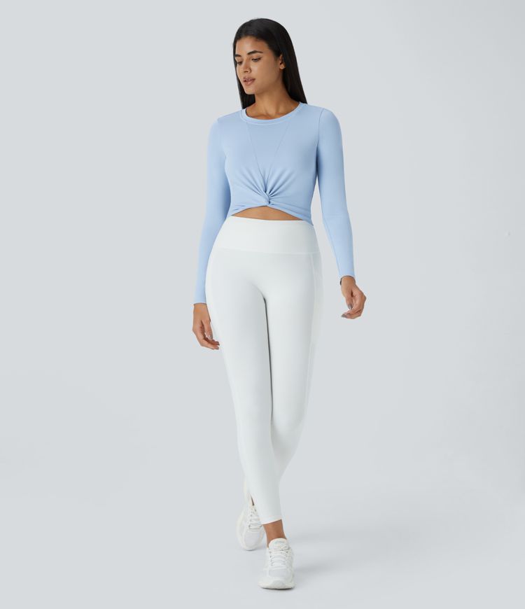 Round Neck Long Sleeve Hem Slim Cropped Yoga Sports Top