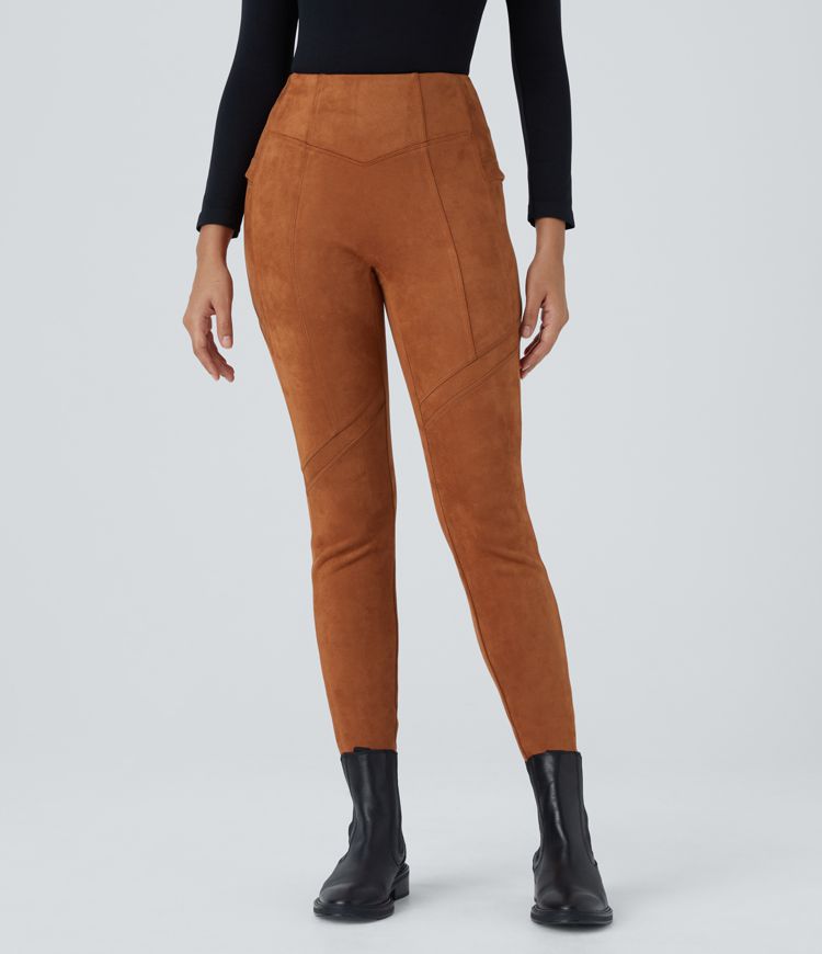 High Waisted Pocket Ankle Length Suede Casual Leggings