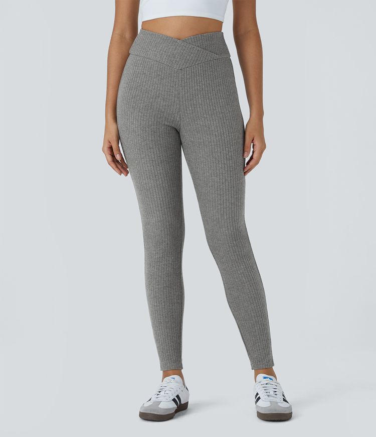 Ribbed Knit Crossover High Waisted 7/8 Fleece Casual Leggings