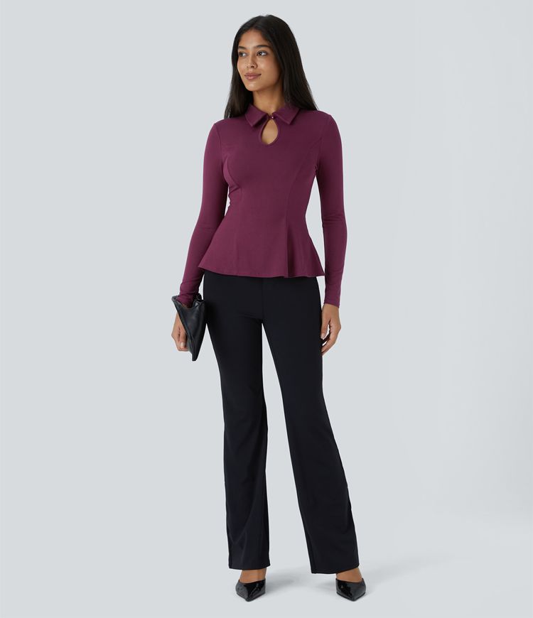 Collared Cut Out Button Long Sleeve Slim Peplum Work Top