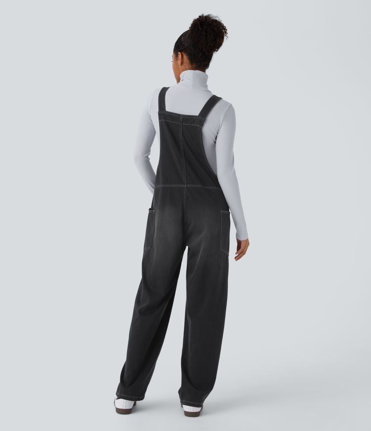 HalaraMagic™ V Neck Side Pocket Washed Stretchy Knit Denim Casual Overalls