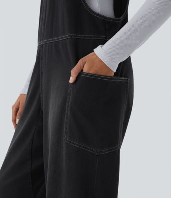 Halara Flex™ Peto casual de mezclilla con bolsillos lavados y cuello en V