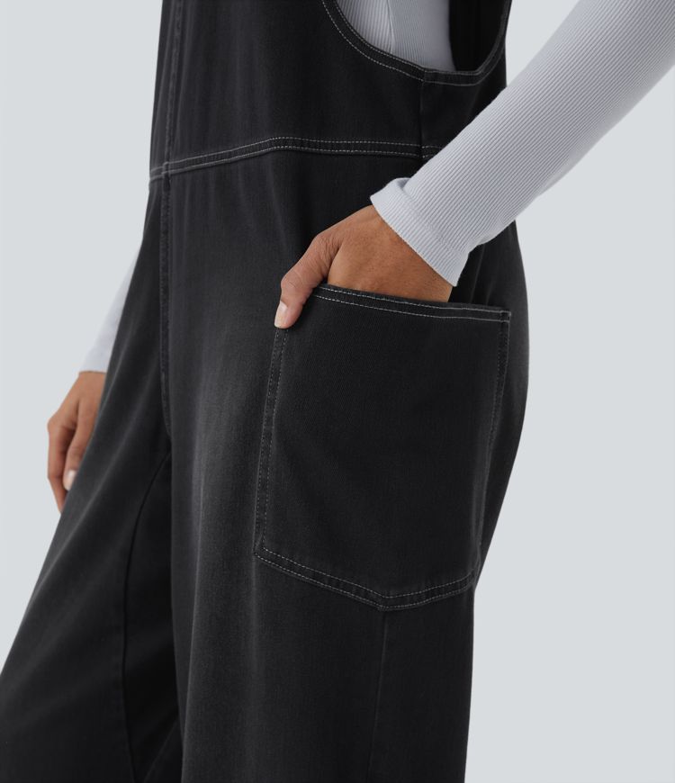 Halara Flex™ Peto casual de mezclilla con bolsillos lavados y cuello en V