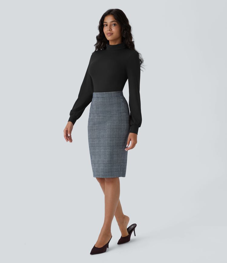 Hohe Taille Saum Hahnentrittmuster Kariert Büro Bleistiftrock