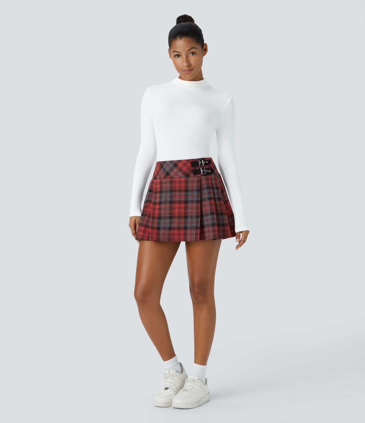 High Waisted Decorative Buckle 2-in-1 Plaid Pleated Mini Casual Skirt