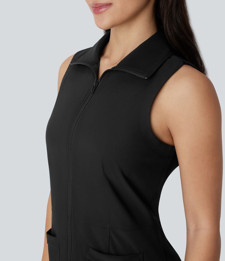 Mini Vestido deportivo golf cuello sin mangas cierre cremallera bolsillo lateral dobladillo curvo tacto agradable