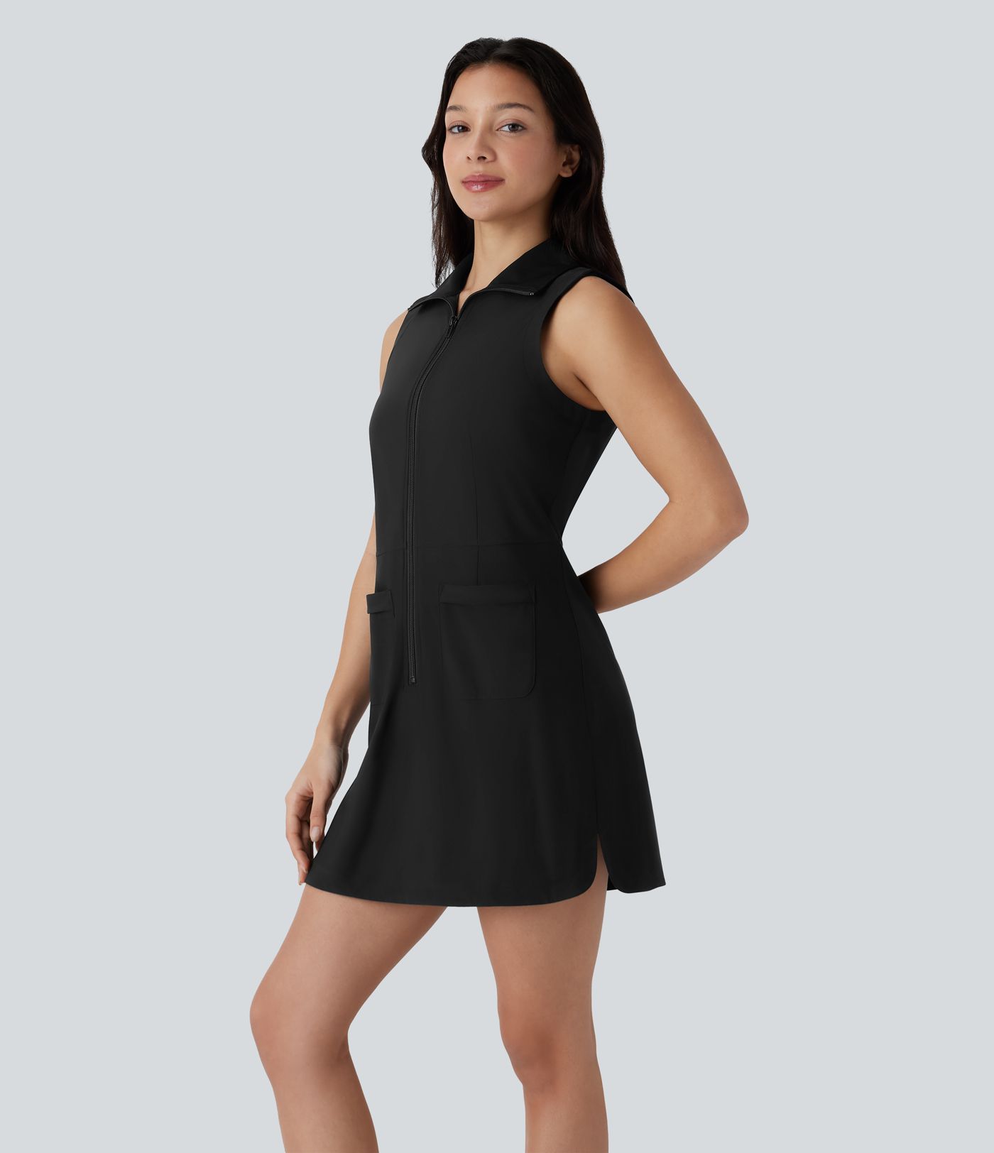 Mini Vestido deportivo golf cuello sin mangas cierre cremallera bolsillo lateral dobladillo curvo tacto agradable