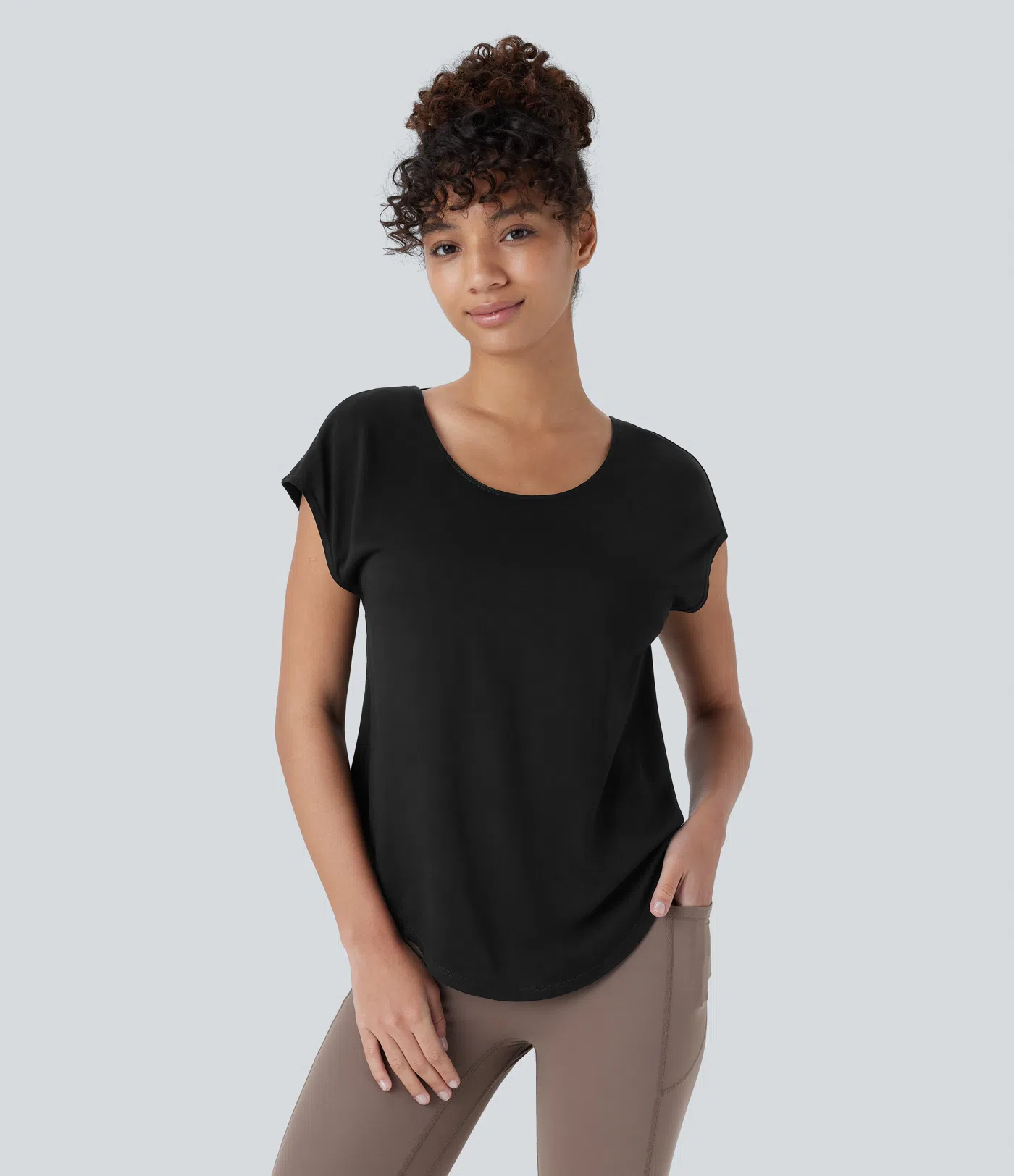 Backless Cowl Back Short Sleeve Curved Hem Yoga Sports Top