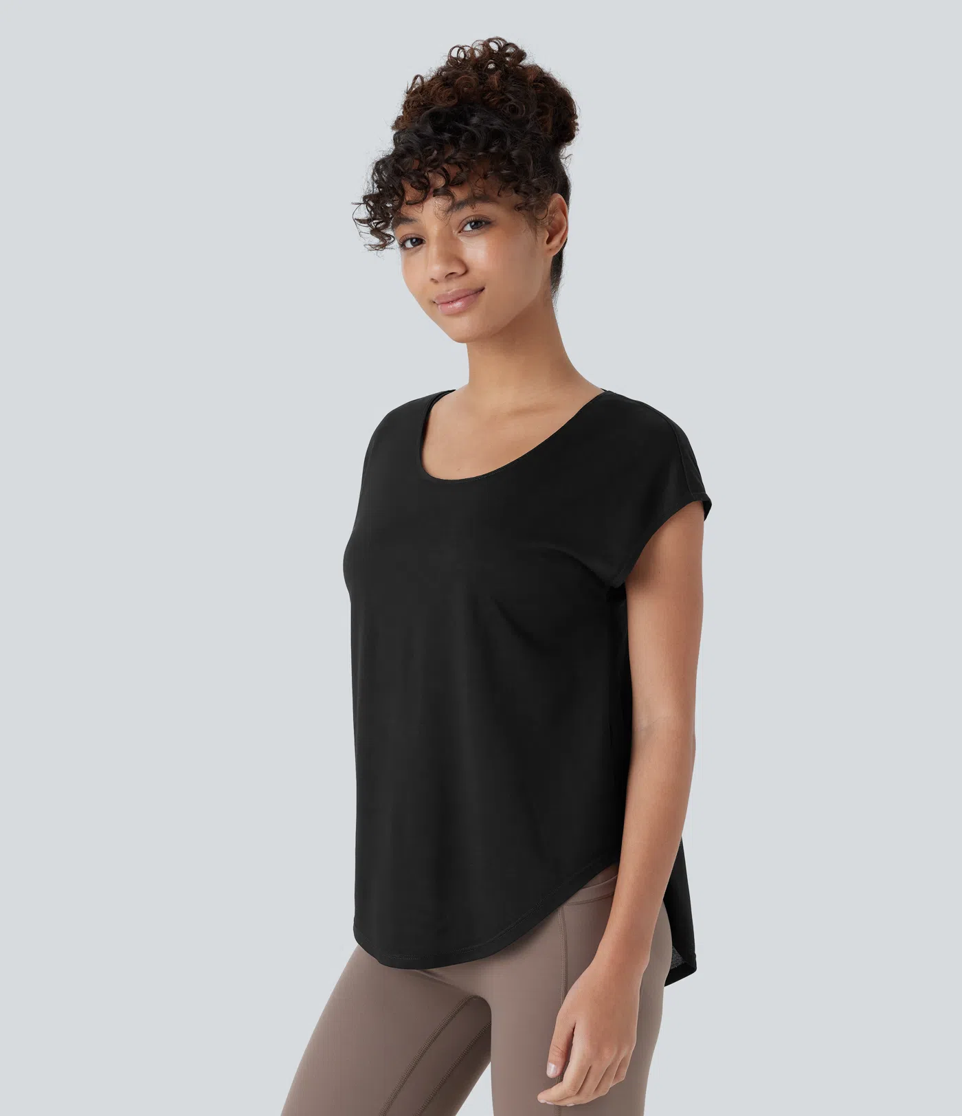 Backless Cowl Back Short Sleeve Curved Hem Yoga Sports Top