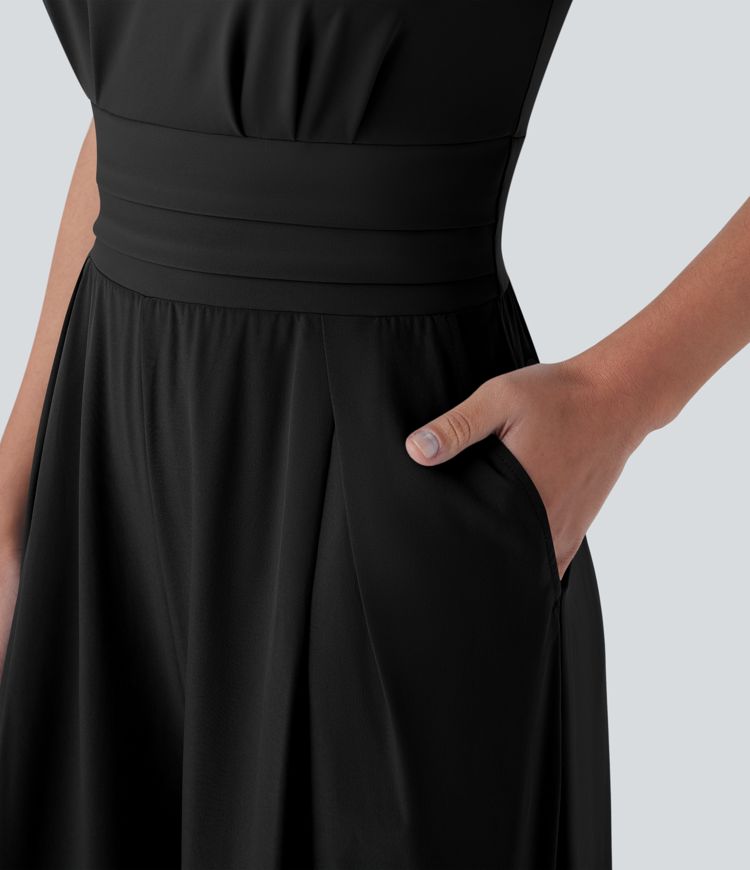 Breezeful™ V-Ausschnitt Blütenärmel Tasche Weites Bein Fließender Schnell Trocknender Arbeits-Jumpsuit